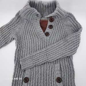 Superdry Mens Grey Chunky Knit Shawl Neck Button Sweater Wool Blend Large